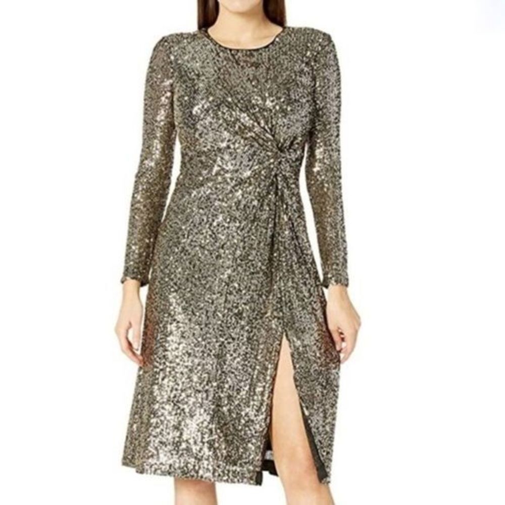 TAYLOR | Stretch Sequin Twist Front Long Sleeve New Years Gown Dress
